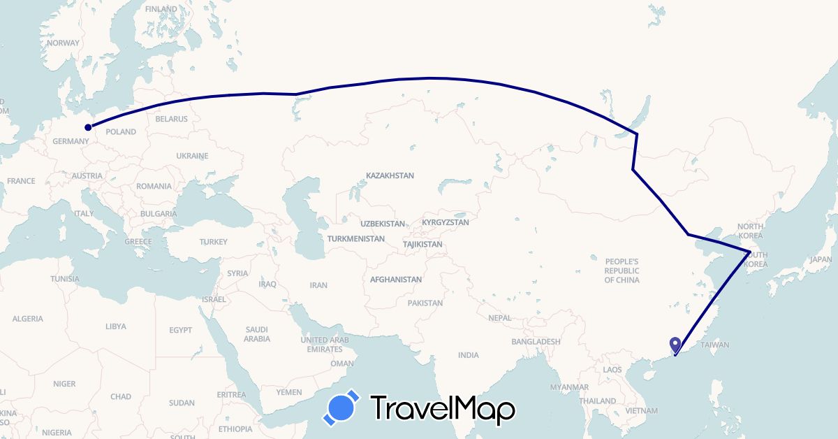 TravelMap itinerary: driving in China, Germany, Hong Kong, South Korea, Mongolia, Russia (Asia, Europe)
